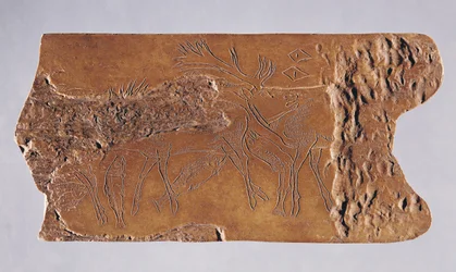Poroże renifera rzeźbione z jeleniem i skaczącym łososiem, z Grotte de Lortet, magdalenien, 15000-18000 p.n.e.